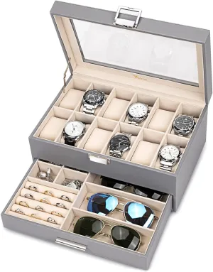 Voova Jewelry Box Watch Boxes Organizer for Men Women, 2 Layer Large 12 Slot PU Leather Watch Storage Case, Glass Top Jewelry Display Holder for Watches Sunglasses Rings Necklaces Bracelets,Grey