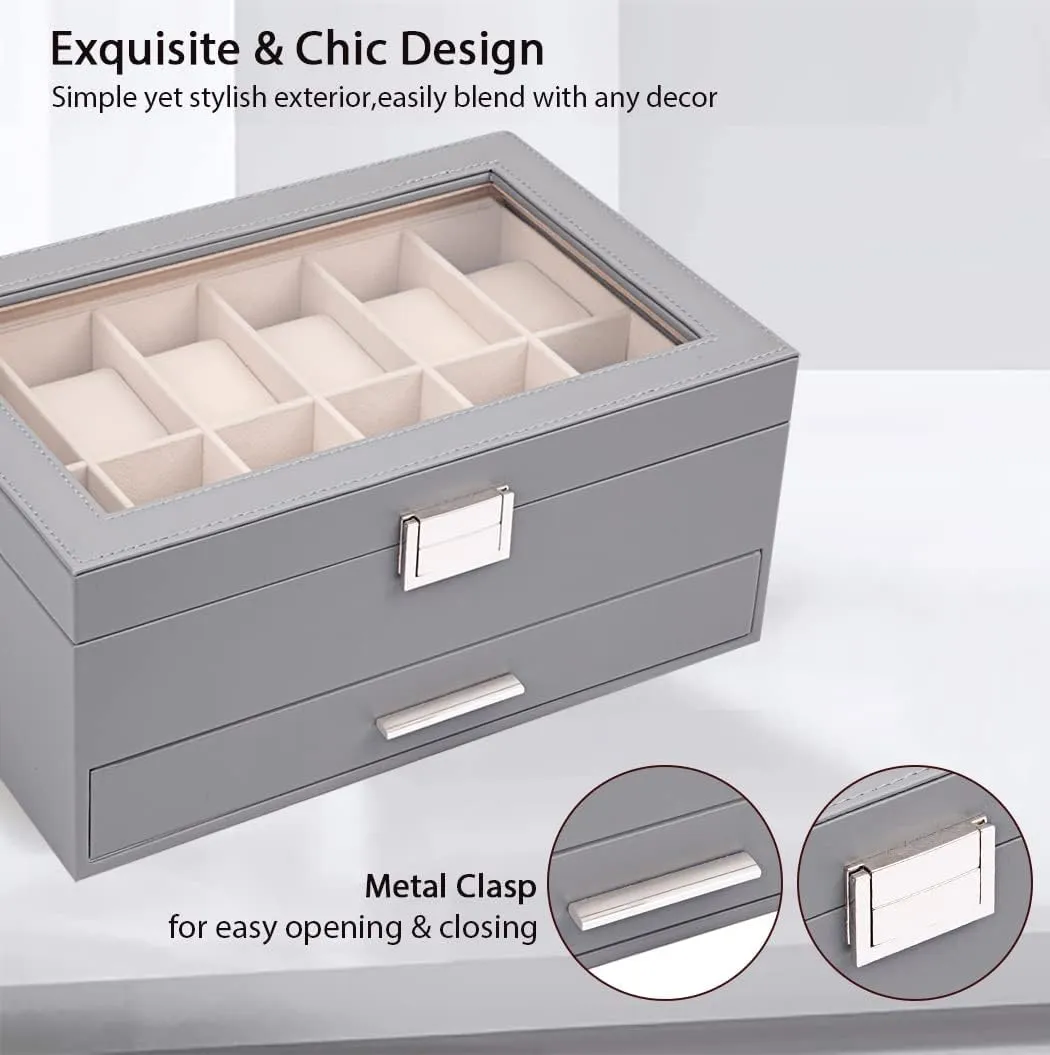 Voova Jewelry Box Watch Boxes Organizer for Men Women, 2 Layer Large 12 Slot PU Leather Watch Storage Case, Glass Top Jewelry Display Holder for Watches Sunglasses Rings Necklaces Bracelets,Grey