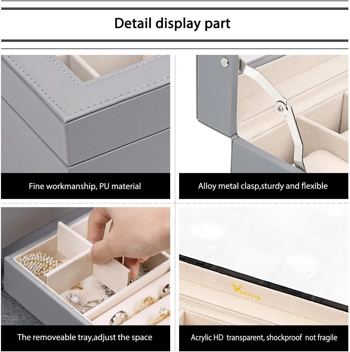 Voova Jewelry Box Watch Boxes Organizer for Men Women, 2 Layer Large 12 Slot PU Leather Watch Storage Case, Glass Top Jewelry Display Holder for Watches Sunglasses Rings Necklaces Bracelets,Grey