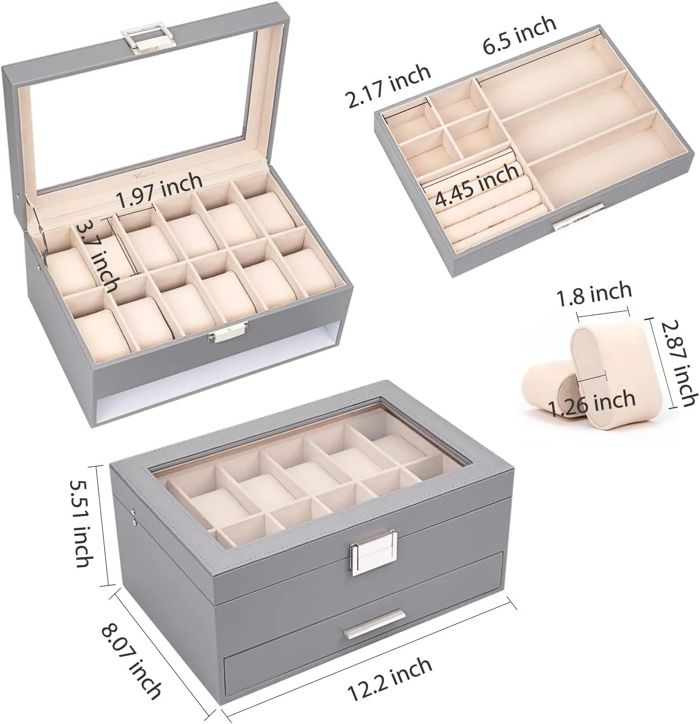 Voova Jewelry Box Watch Boxes Organizer for Men Women, 2 Layer Large 12 Slot PU Leather Watch Storage Case, Glass Top Jewelry Display Holder for Watches Sunglasses Rings Necklaces Bracelets,Grey