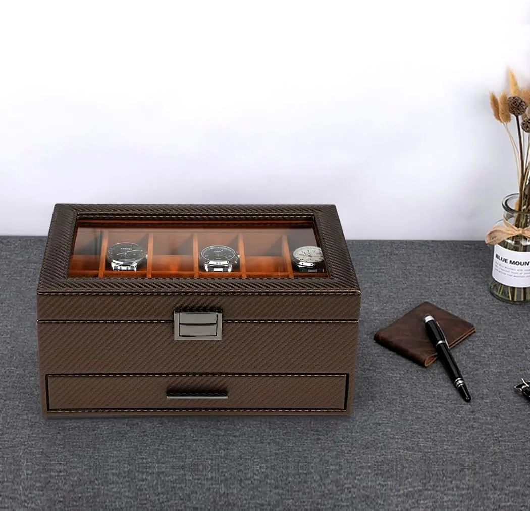 Voova Jewelry Box Watch Boxes Organizer for Men Women,2 Layer Large 12 Slot PU Leather Watch Storage Case,Glass Top Jewelry Display Holder for Watches Sunglasses Rings Necklaces Bracelets,Coffee Brown