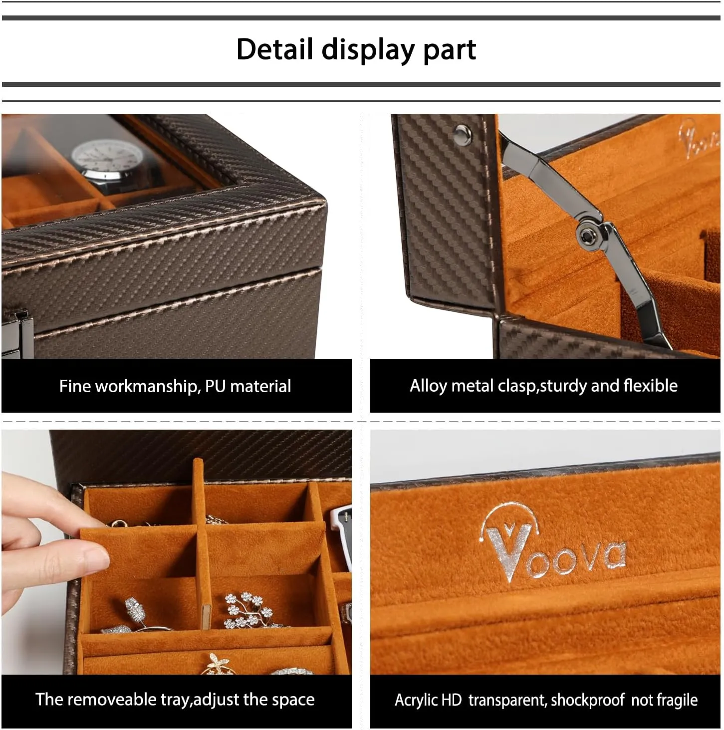 Voova Jewelry Box Watch Boxes Organizer for Men Women,2 Layer Large 12 Slot PU Leather Watch Storage Case,Glass Top Jewelry Display Holder for Watches Sunglasses Rings Necklaces Bracelets,Coffee Brown