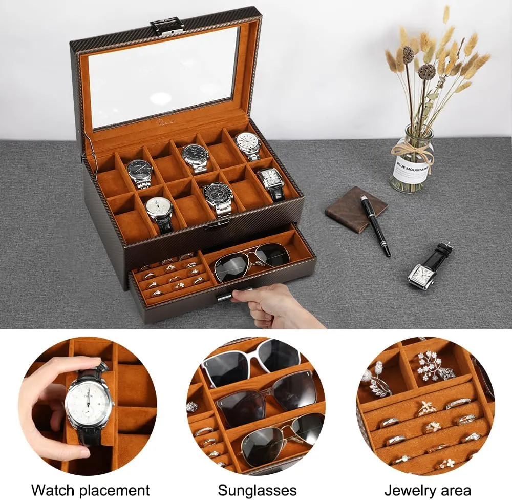 Voova Jewelry Box Watch Boxes Organizer for Men Women,2 Layer Large 12 Slot PU Leather Watch Storage Case,Glass Top Jewelry Display Holder for Watches Sunglasses Rings Necklaces Bracelets,Coffee Brown