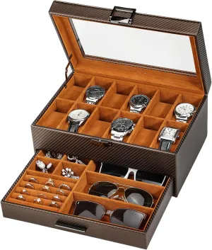 Voova Jewelry Box Watch Boxes Organizer for Men Women,2 Layer Large 12 Slot PU Leather Watch Storage Case,Glass Top Jewelry Display Holder for Watches Sunglasses Rings Necklaces Bracelets,Coffee Brown