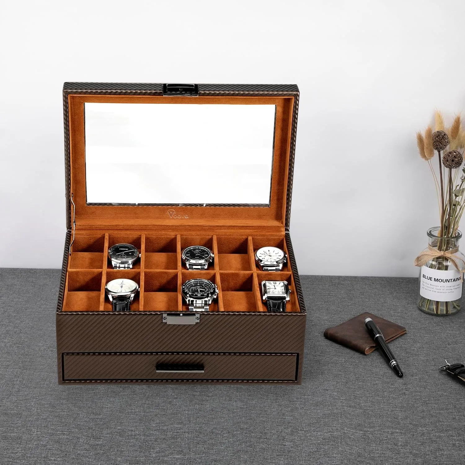 Voova Jewelry Box Watch Boxes Organizer for Men Women,2 Layer Large 12 Slot PU Leather Watch Storage Case,Glass Top Jewelry Display Holder for Watches Sunglasses Rings Necklaces Bracelets,Coffee Brown