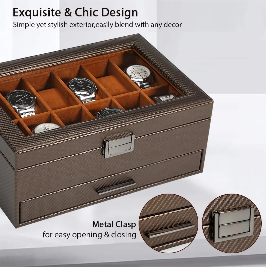 Voova Jewelry Box Watch Boxes Organizer for Men Women,2 Layer Large 12 Slot PU Leather Watch Storage Case,Glass Top Jewelry Display Holder for Watches Sunglasses Rings Necklaces Bracelets,Coffee Brown