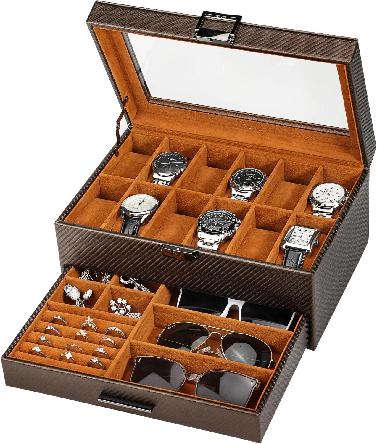 Voova Jewelry Box Watch Boxes Organizer for Men Women,2 Layer Large 12 Slot PU Leather Watch Storage Case,Glass Top Jewelry Display Holder for Watches Sunglasses Rings Necklaces Bracelets,Coffee Brown