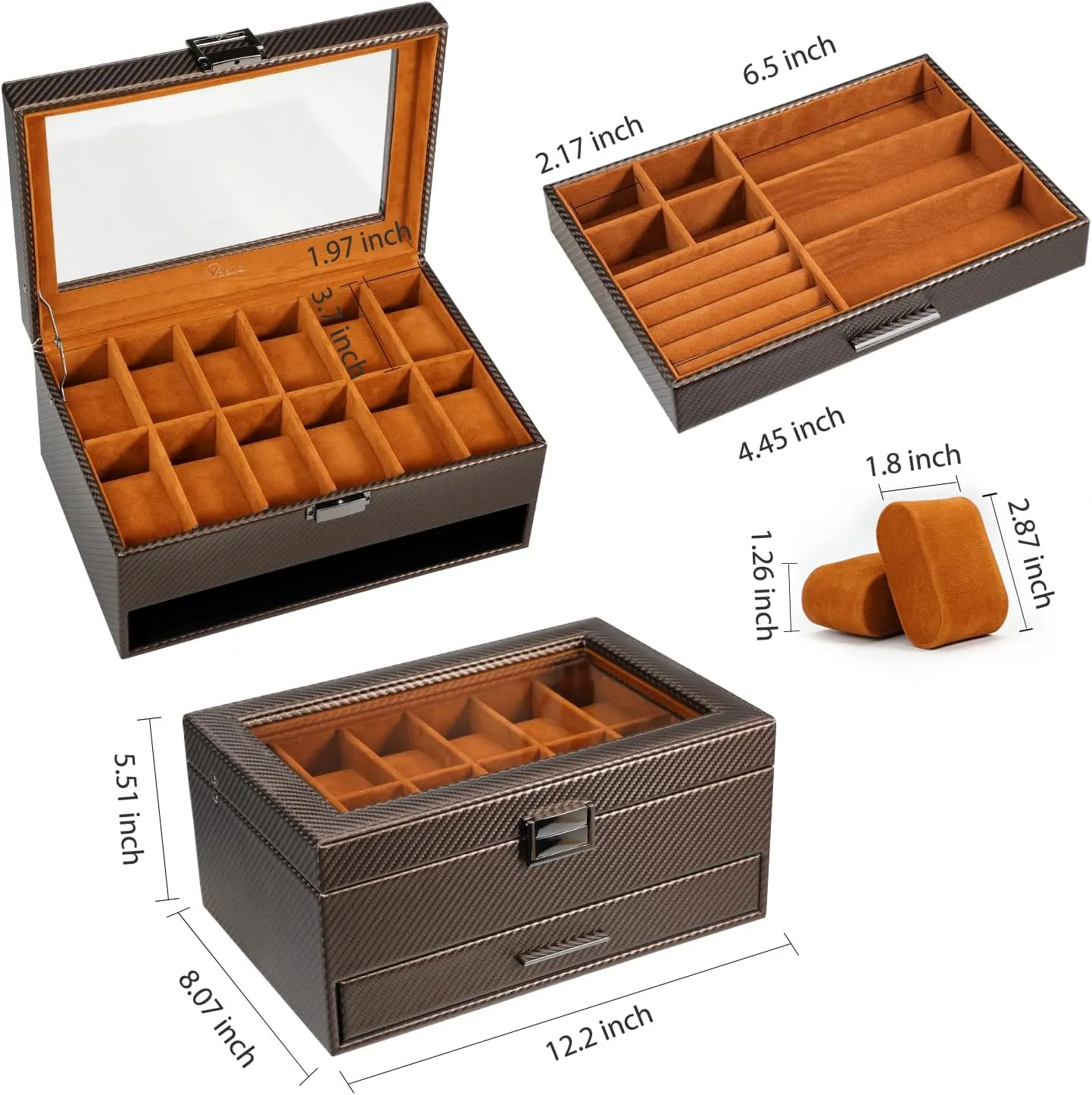 Voova Jewelry Box Watch Boxes Organizer for Men Women,2 Layer Large 12 Slot PU Leather Watch Storage Case,Glass Top Jewelry Display Holder for Watches Sunglasses Rings Necklaces Bracelets,Coffee Brown