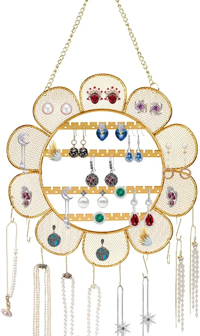 Voyyphixa Sunflower Wall Mounted Earring Holder Rack Jewelry Holder Organizer Wall Grid Organizer Necklaces Wall Holder Hanging Jewelry Storage for Necklaces Bracelet Stud Earrings Display (Flower)