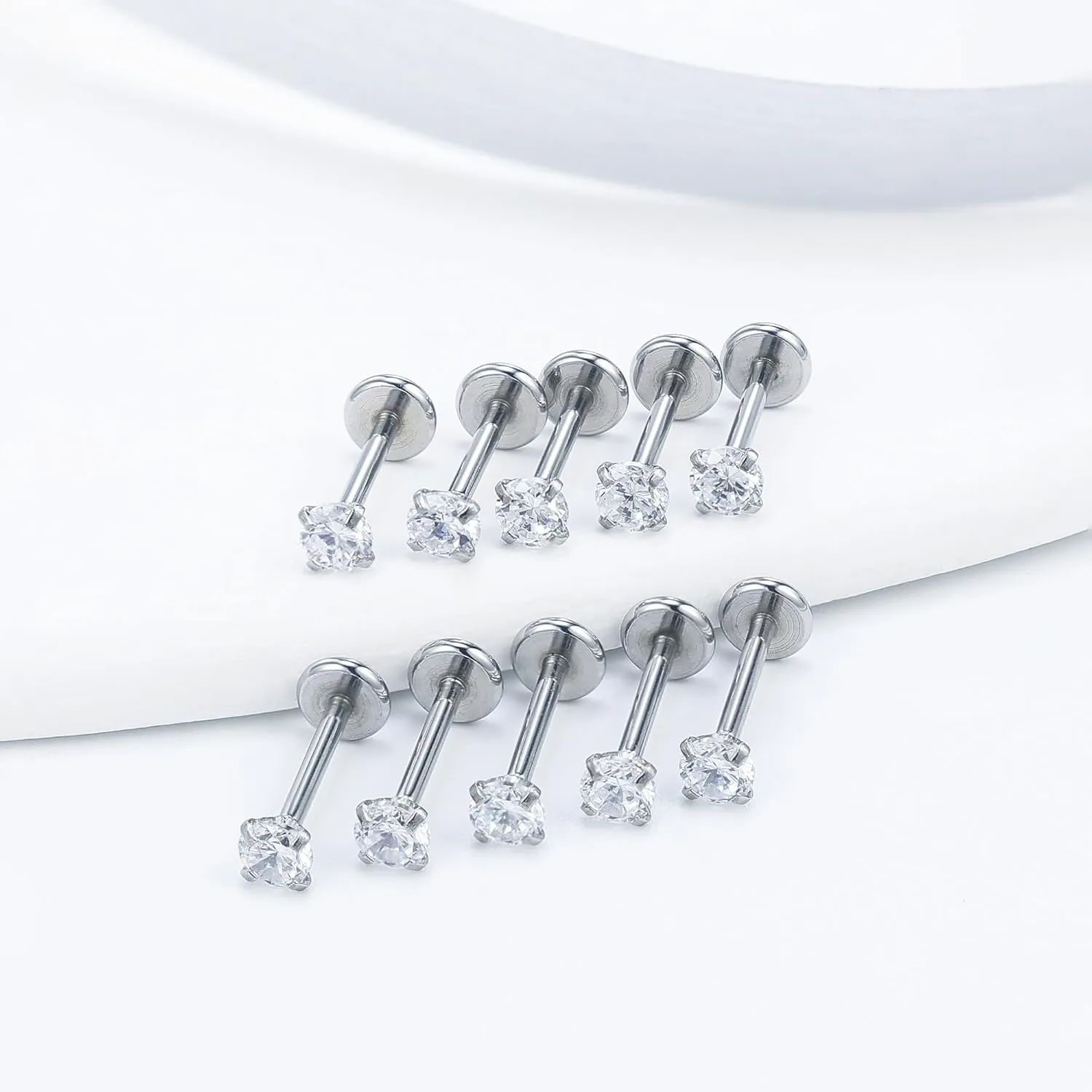 Vsnnsns 16G 18G 20G Threadless Push in Lip Rings Stainless Steel Flat Back Nose Rings Studs Earrings Tragus Helix Conch Cartilage Lobe Earrings Stud Piercing Jewelry for Women Men Diamond CZ Silver