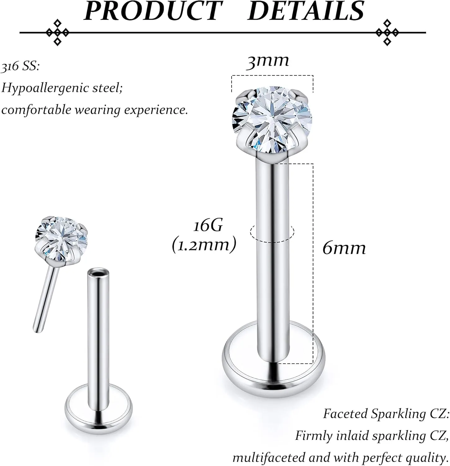 Vsnnsns 16G 18G 20G Threadless Push in Lip Rings Stainless Steel Flat Back Nose Rings Studs Earrings Tragus Helix Conch Cartilage Lobe Earrings Stud Piercing Jewelry for Women Men Diamond CZ Silver