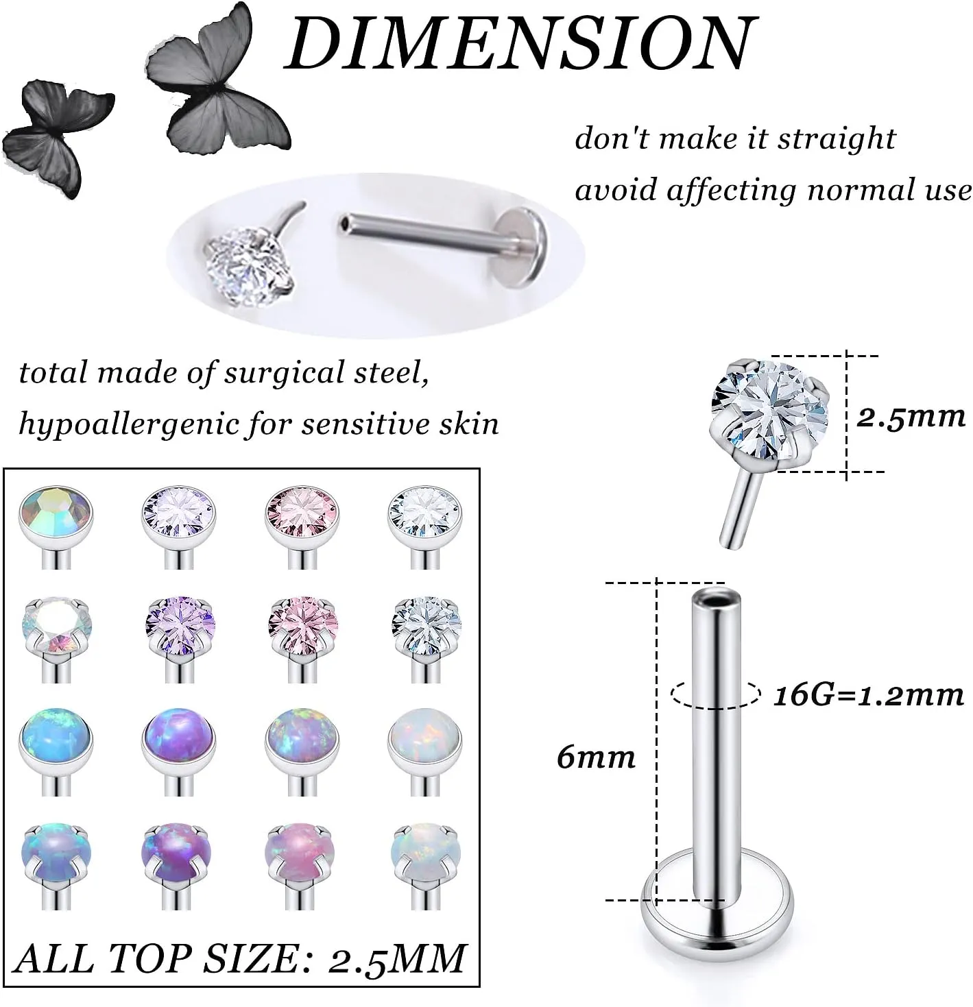 Vsnnsns 16G 18G 20G Threadless Push in Lip Rings Stainless Steel Flat Back Nose Rings Studs Tragus Helix Conch Cartilage Lobe Earrings Stud Piercing Jewelry for Women Men Opal CZ Silver 16PCS