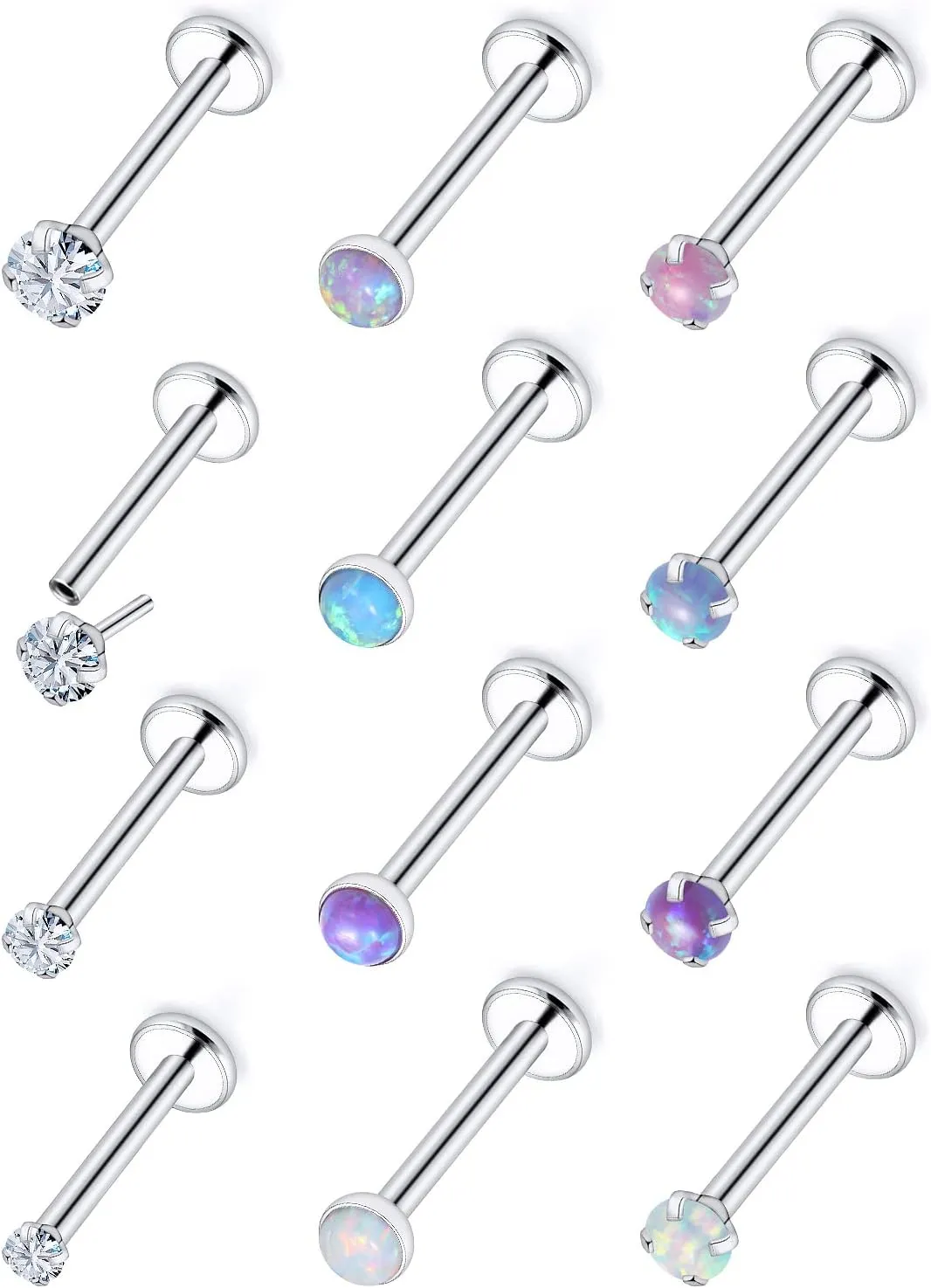 Vsnnsns 18G 20G Threadless Push in Nose Rings Studs for Women 316L Surgical Steel L Shaped Opal Nose Studs Screw Bone Nose Rings Studs Nostril Piercing Jewelry for Women Men Diamond CZ Silver