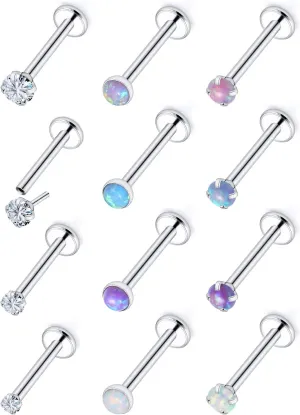 Vsnnsns 18G 20G Threadless Push in Nose Rings Studs for Women 316L Surgical Steel L Shaped Opal Nose Studs Screw Bone Nose Rings Studs Nostril Piercing Jewelry for Women Men Diamond CZ Silver