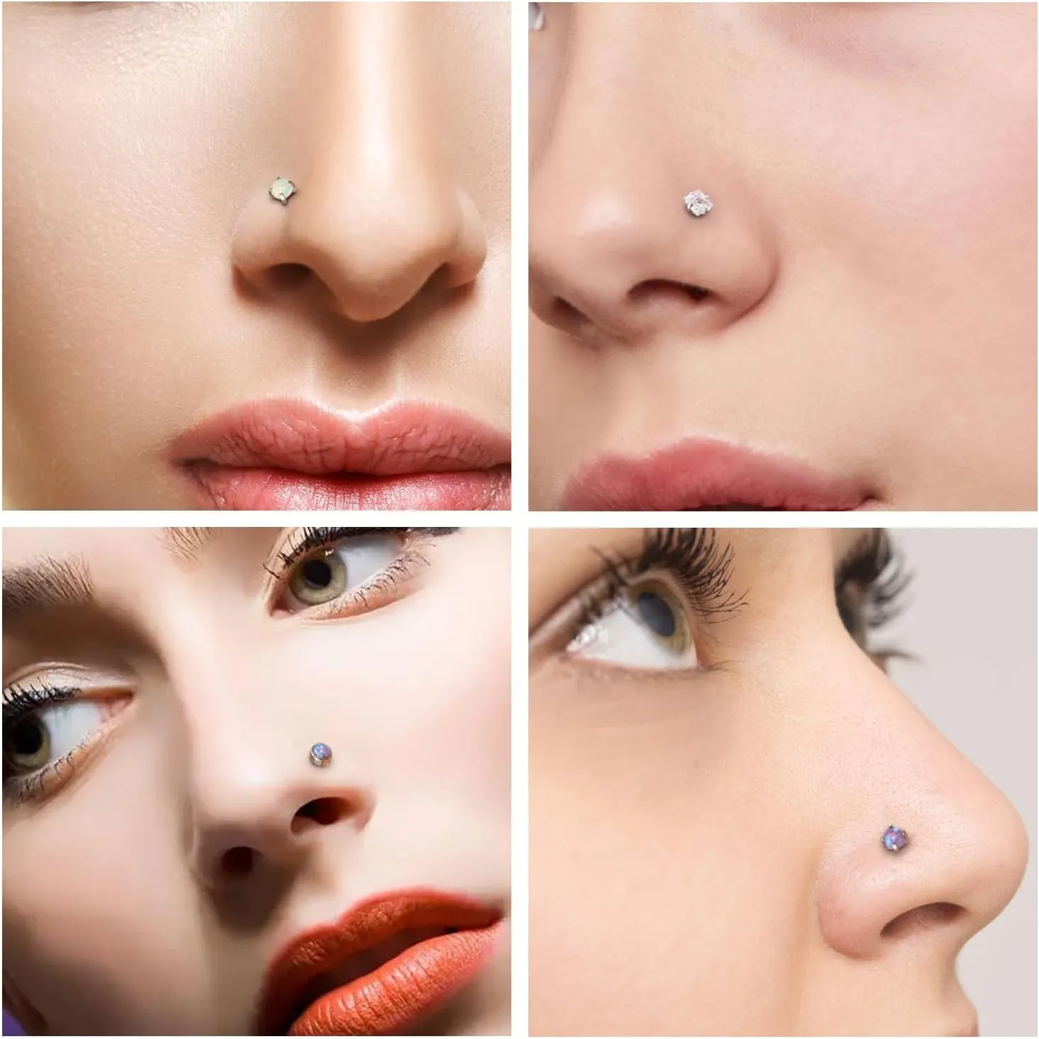 Vsnnsns 18G 20G Threadless Push in Nose Rings Studs for Women 316L Surgical Steel L Shaped Opal Nose Studs Screw Bone Nose Rings Studs Nostril Piercing Jewelry for Women Men Diamond CZ Silver