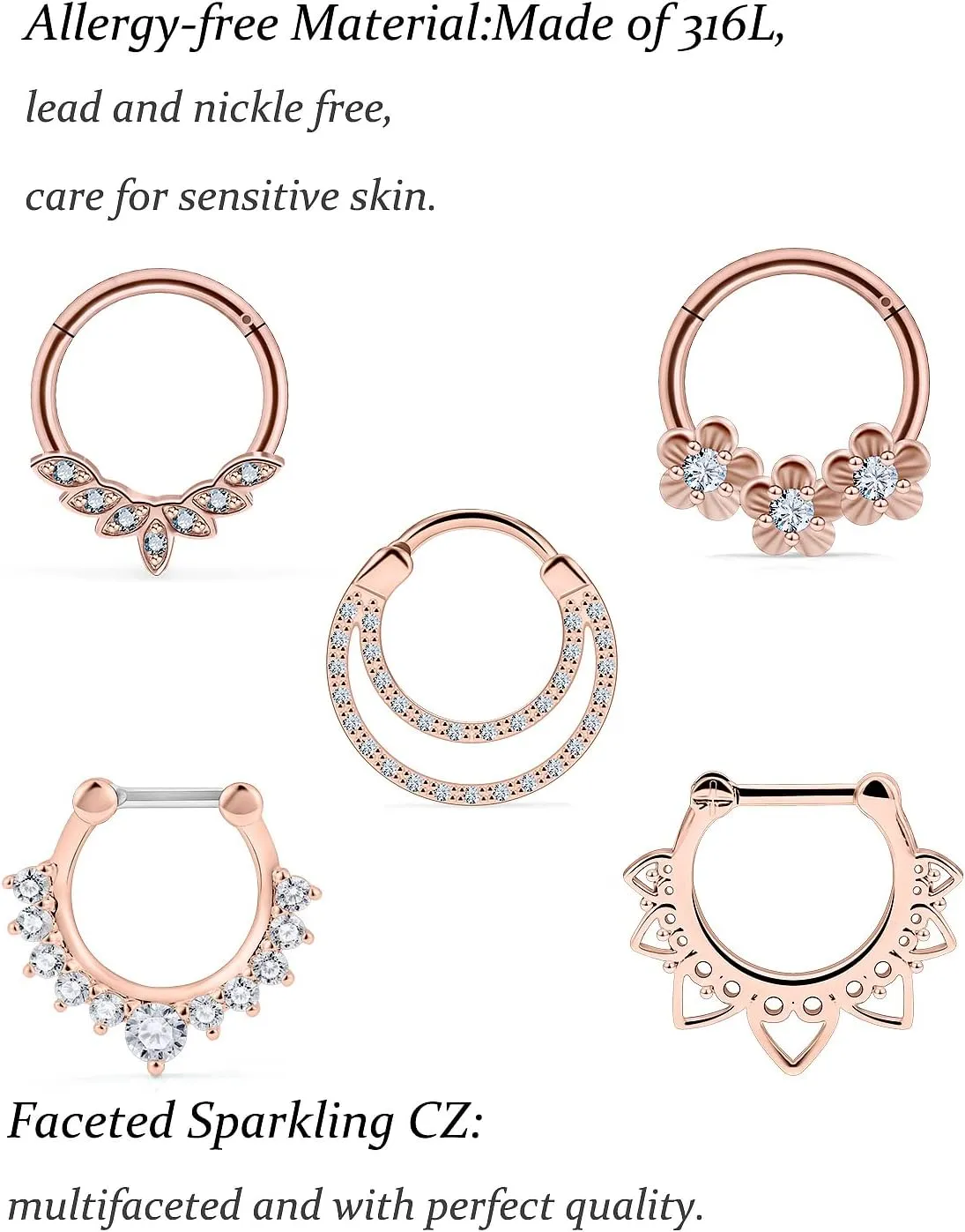 Vsnnsns Septum Ring 16G Stainless Steel Septum Piercing Jewelry Horseshoe Nose Ring Hoop Piercing Jewelry for Women Men 10mm Silver Black Rainbow Rose Gold