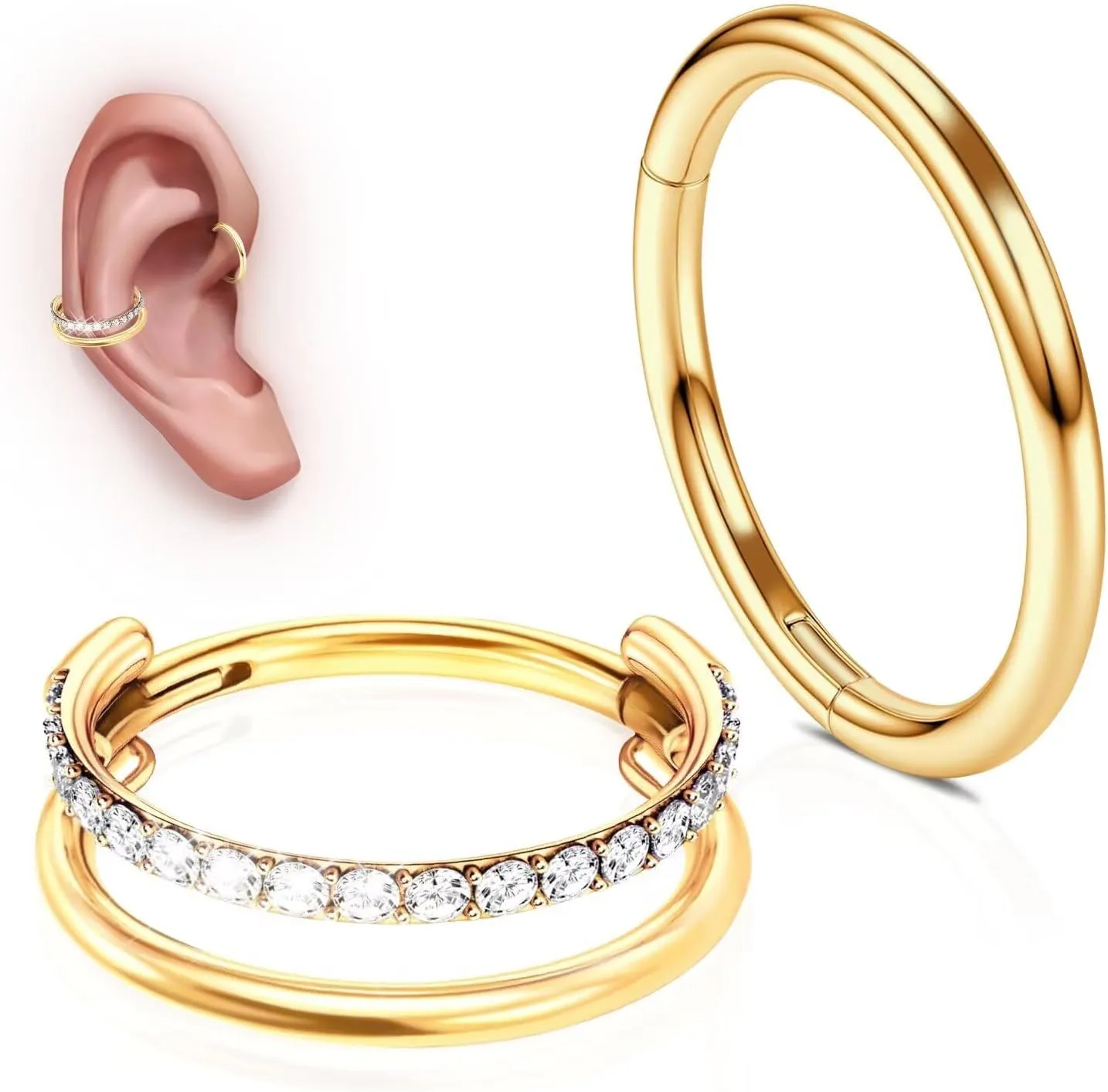 WBRWP G23 Titanium Conch Piercing Jewelry Set: 16G 8mm/10mm/12mm Double/Triple Hoop Nose Septum Rings Hypoallergenic Hinged Segment Clicker Helix Cartilage Conch Earrings