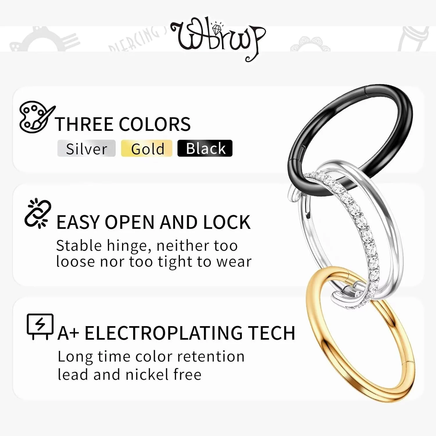 WBRWP G23 Titanium Conch Piercing Jewelry Set: 16G 8mm/10mm/12mm Double/Triple Hoop Nose Septum Rings Hypoallergenic Hinged Segment Clicker Helix Cartilage Conch Earrings