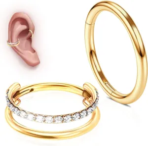 WBRWP G23 Titanium Conch Piercing Jewelry Set: 16G 8mm/10mm/12mm Double/Triple Hoop Nose Septum Rings Hypoallergenic Hinged Segment Clicker Helix Cartilage Conch Earrings
