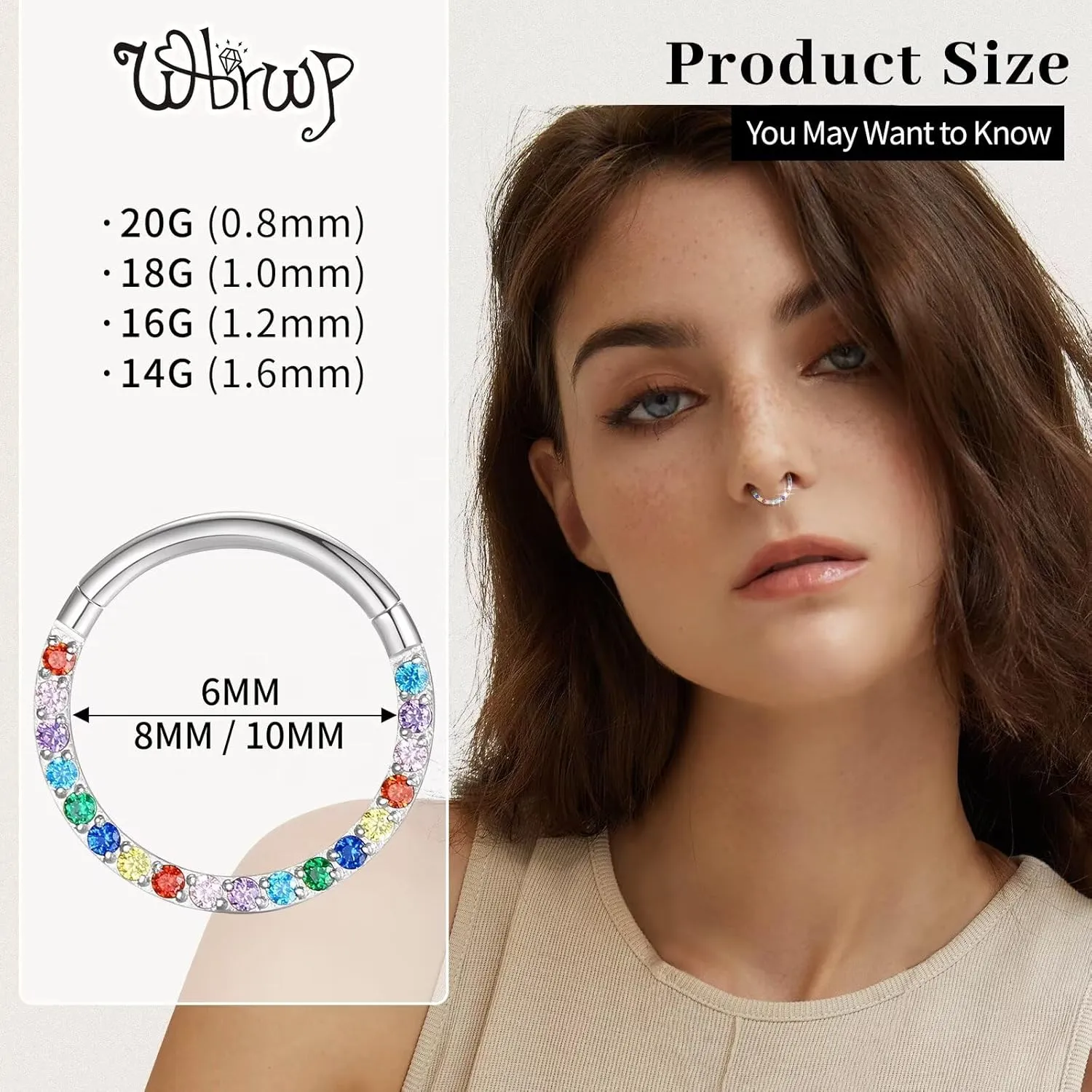 WBRWP Hinged CZ Septum Nose Rings Hoops: 316L Surgical Steel Septum Rings for Women 20G 18G 16G 14G Cartilage Earrings Conch Helix Daith Piercing Jewelry Rook Tragus Lobe Hoop 6mm 8mm 10mm