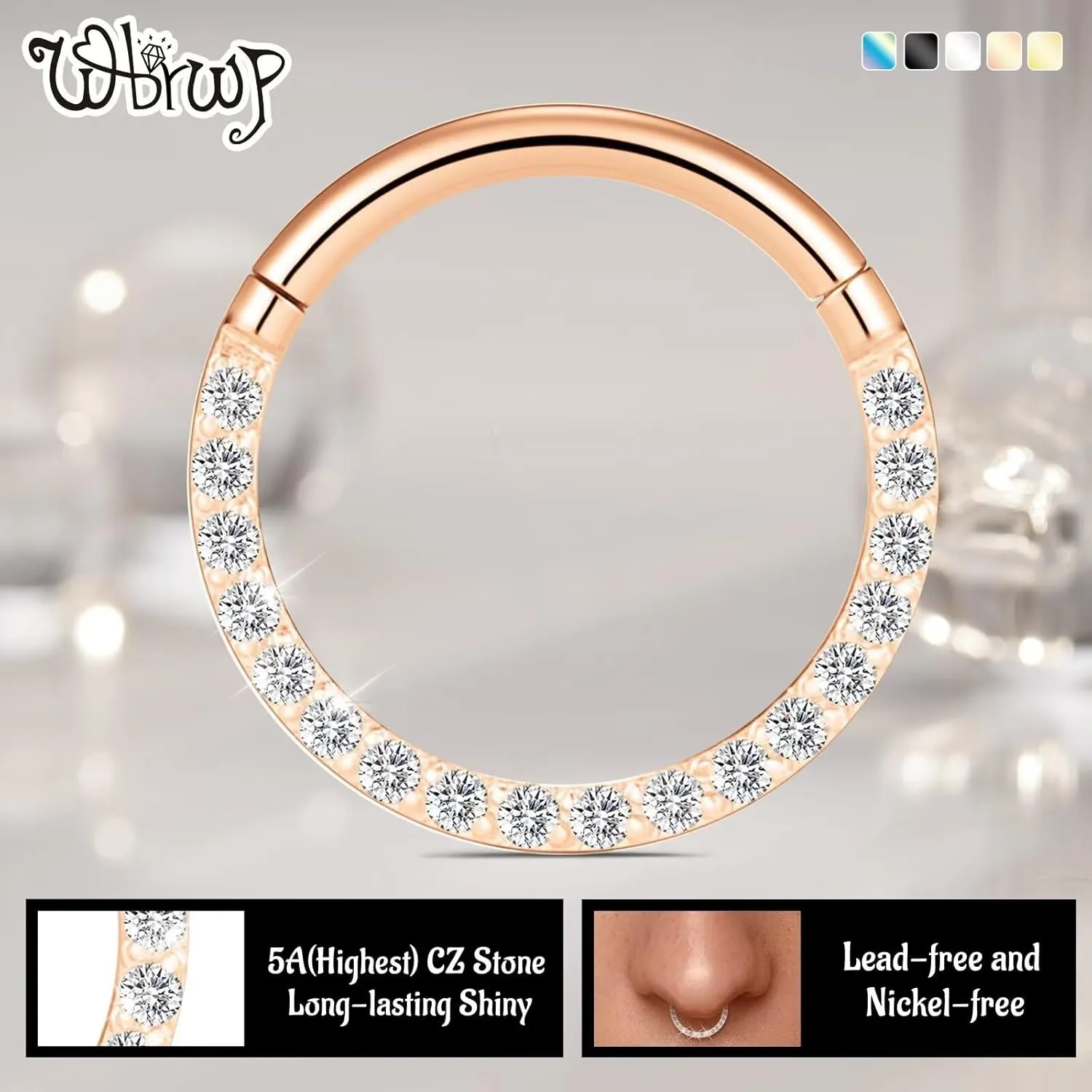 WBRWP Hinged CZ Septum Nose Rings Hoops: 316L Surgical Steel Septum Rings for Women 20G 18G 16G 14G Cartilage Earrings Conch Helix Daith Piercing Jewelry Rook Tragus Lobe Hoop 6mm 8mm 10mm