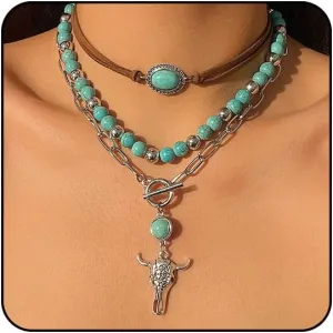 Western Necklaces for Women Turquoise Boho Necklaces Trendy Western Jewelry for Womem Layered Cowgirl Accessories Vintage Turquoise Beaded Ox-head Cactus Hat Pendant Necklace Set Country Jewelry