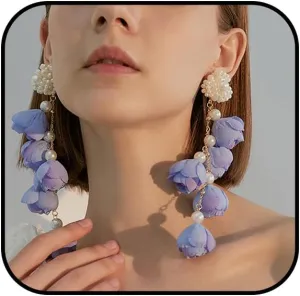 White Pearl Flower Dangle Earrings for Women Exaggerated Large Flower Drop Earrings Gradient Purple Flower Earrings Lightweight Floral Earrings