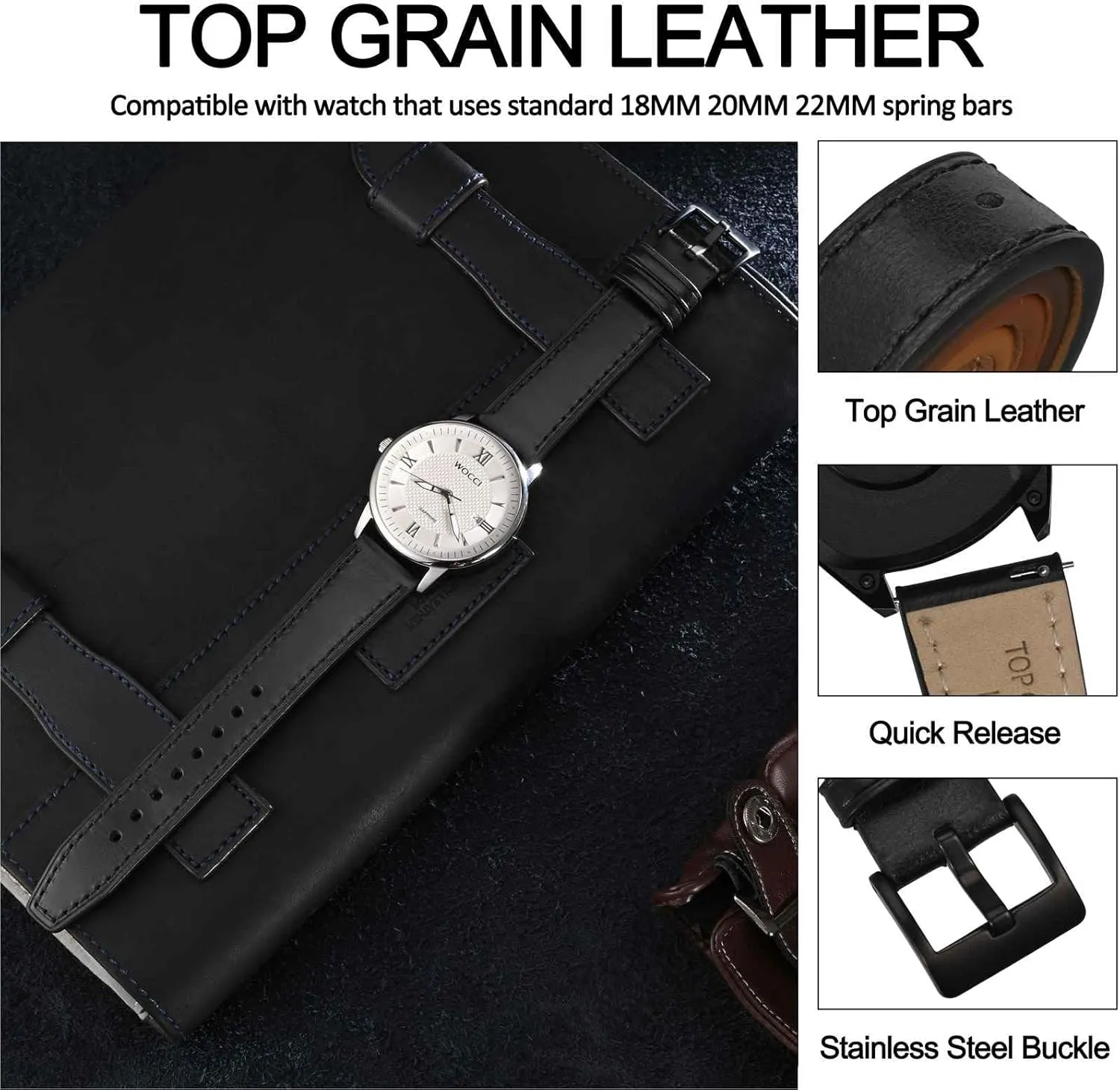 WOCCI 20mm Elite Watch Band, Top Grain Leather, Quick Release, Black Buckle (Black)