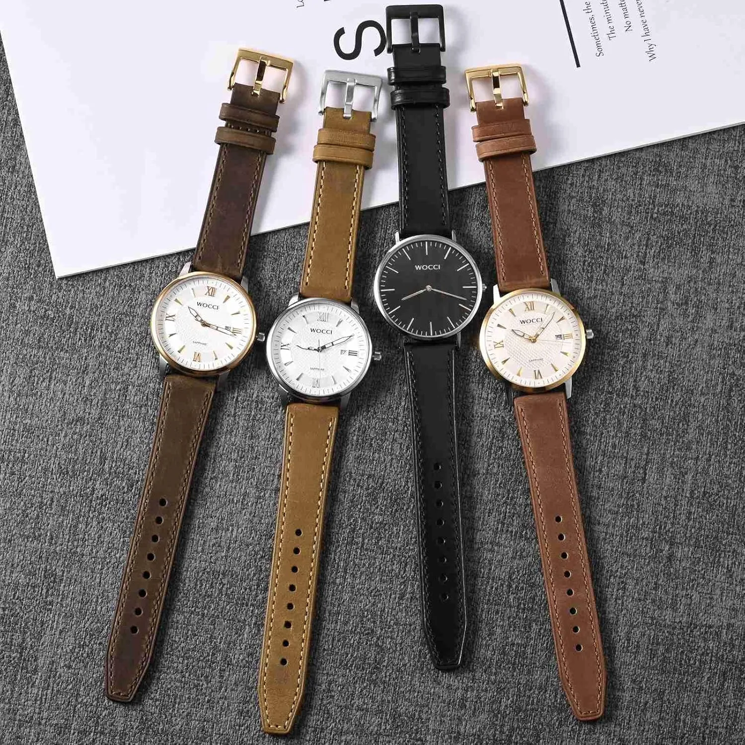 WOCCI 20mm Elite Watch Band, Top Grain Leather, Quick Release, Black Buckle (Black)