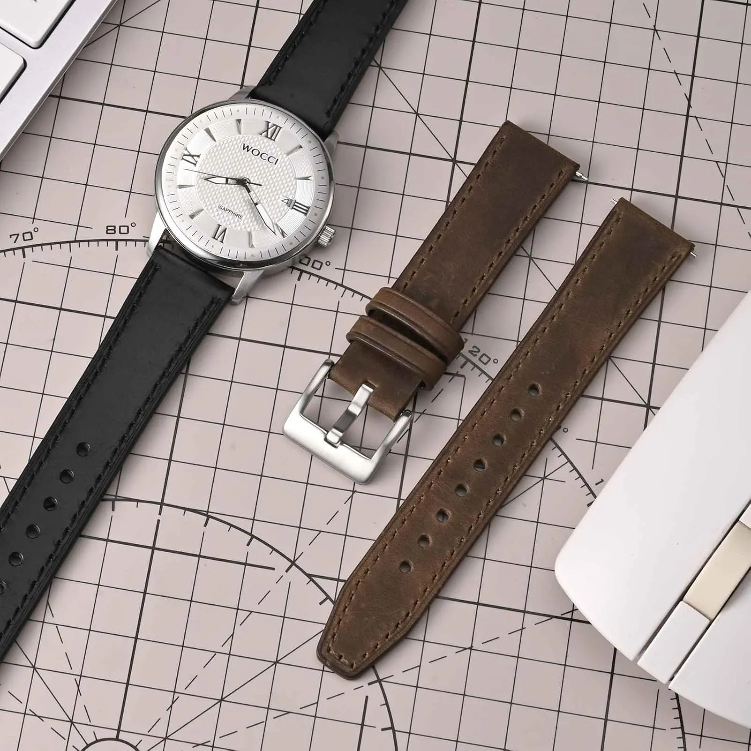 WOCCI 20mm Elite Watch Band, Top Grain Leather, Quick Release, Black Buckle (Black)