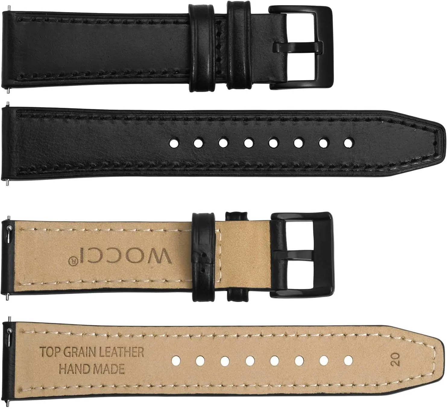 WOCCI 20mm Elite Watch Band, Top Grain Leather, Quick Release, Black Buckle (Black)