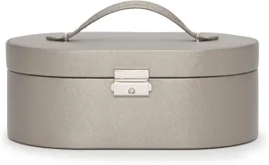 WOLF Heritage Oval Jewelry Box, Pewter Saffiano - Eight Compartments   14 Earring Holes - Includes Travel Case