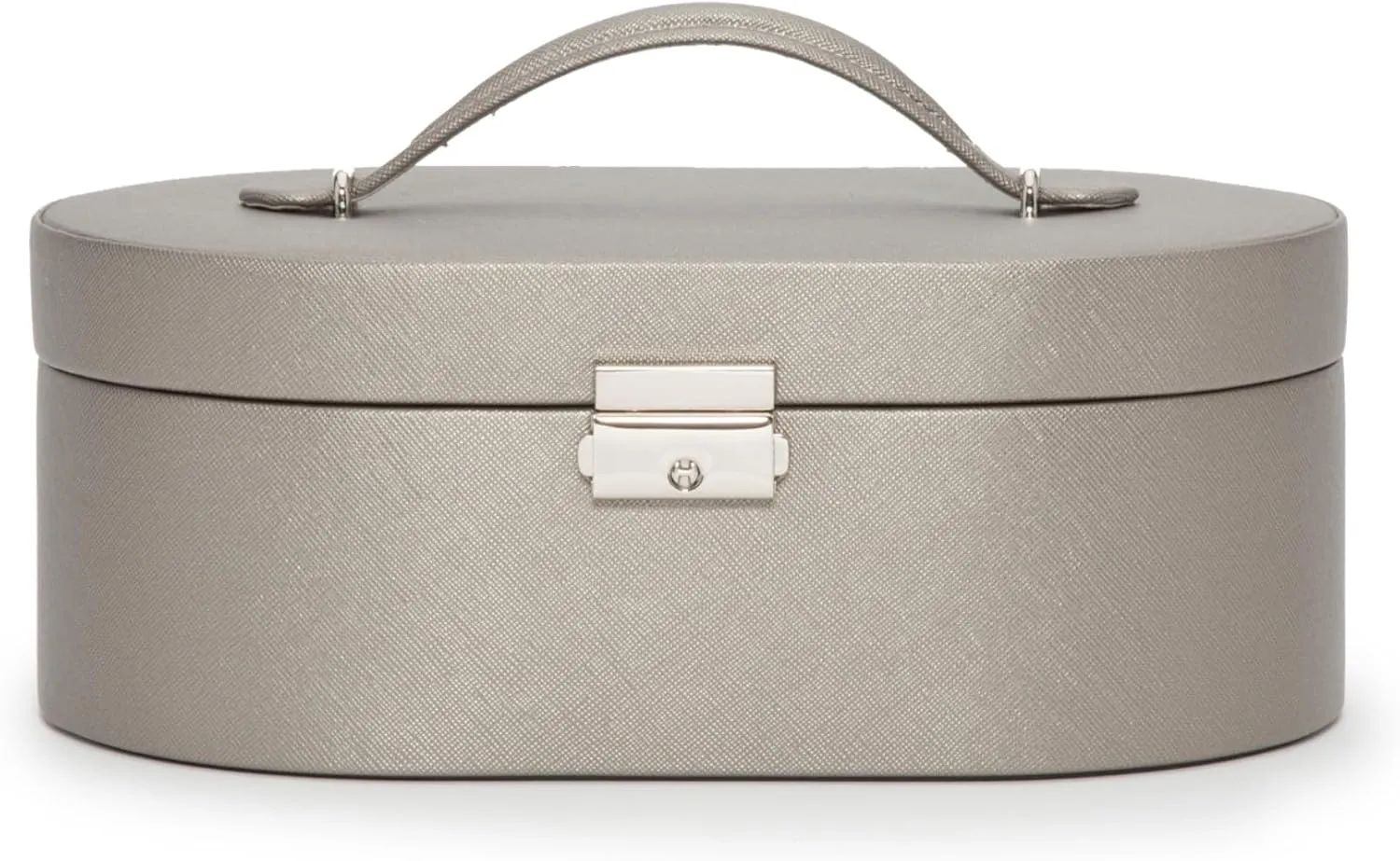 WOLF Heritage Oval Jewelry Box, Pewter Saffiano - Eight Compartments   14 Earring Holes - Includes Travel Case