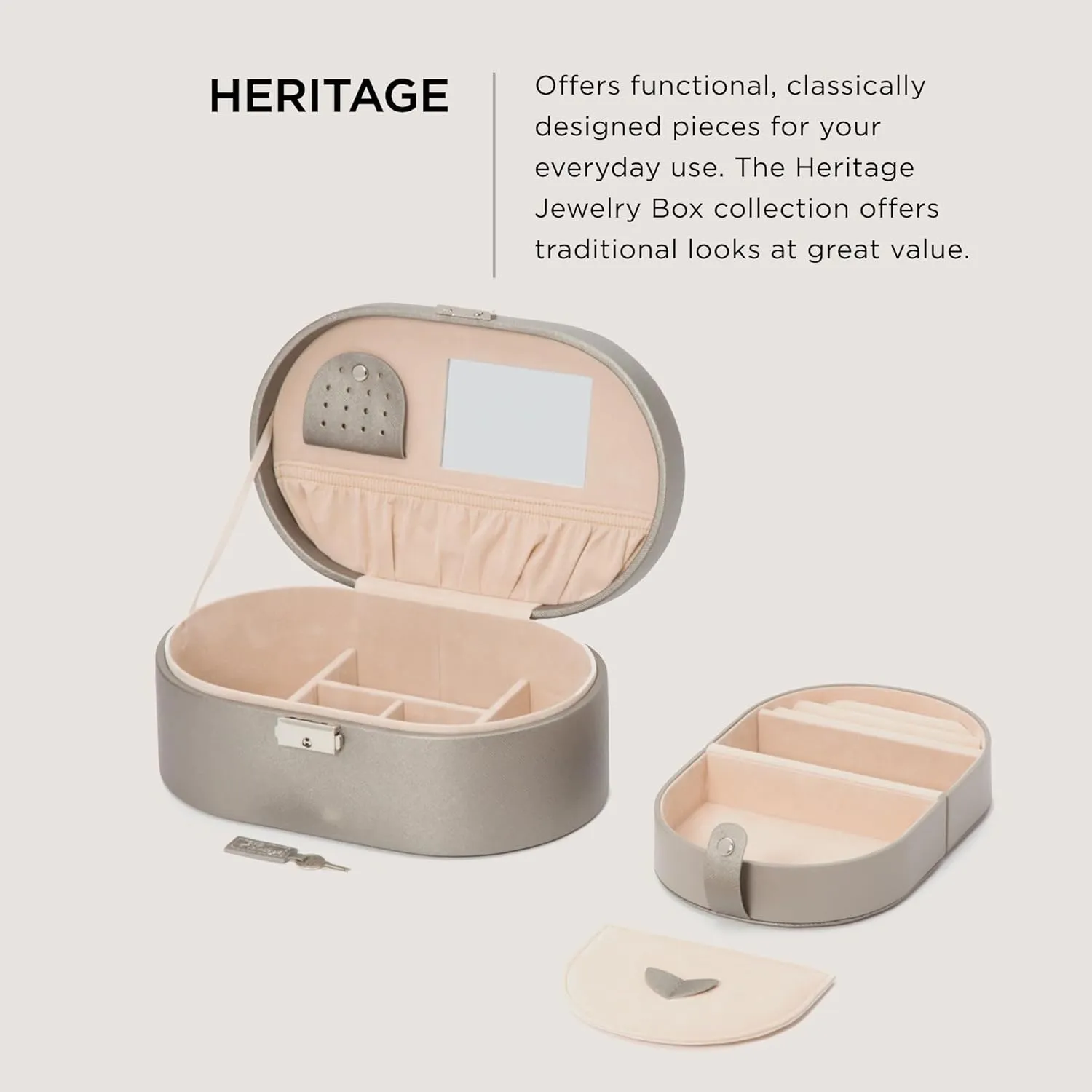 WOLF Heritage Oval Jewelry Box, Pewter Saffiano - Eight Compartments   14 Earring Holes - Includes Travel Case