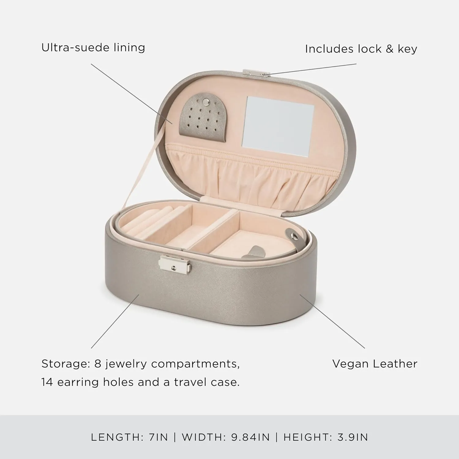 WOLF Heritage Oval Jewelry Box, Pewter Saffiano - Eight Compartments   14 Earring Holes - Includes Travel Case
