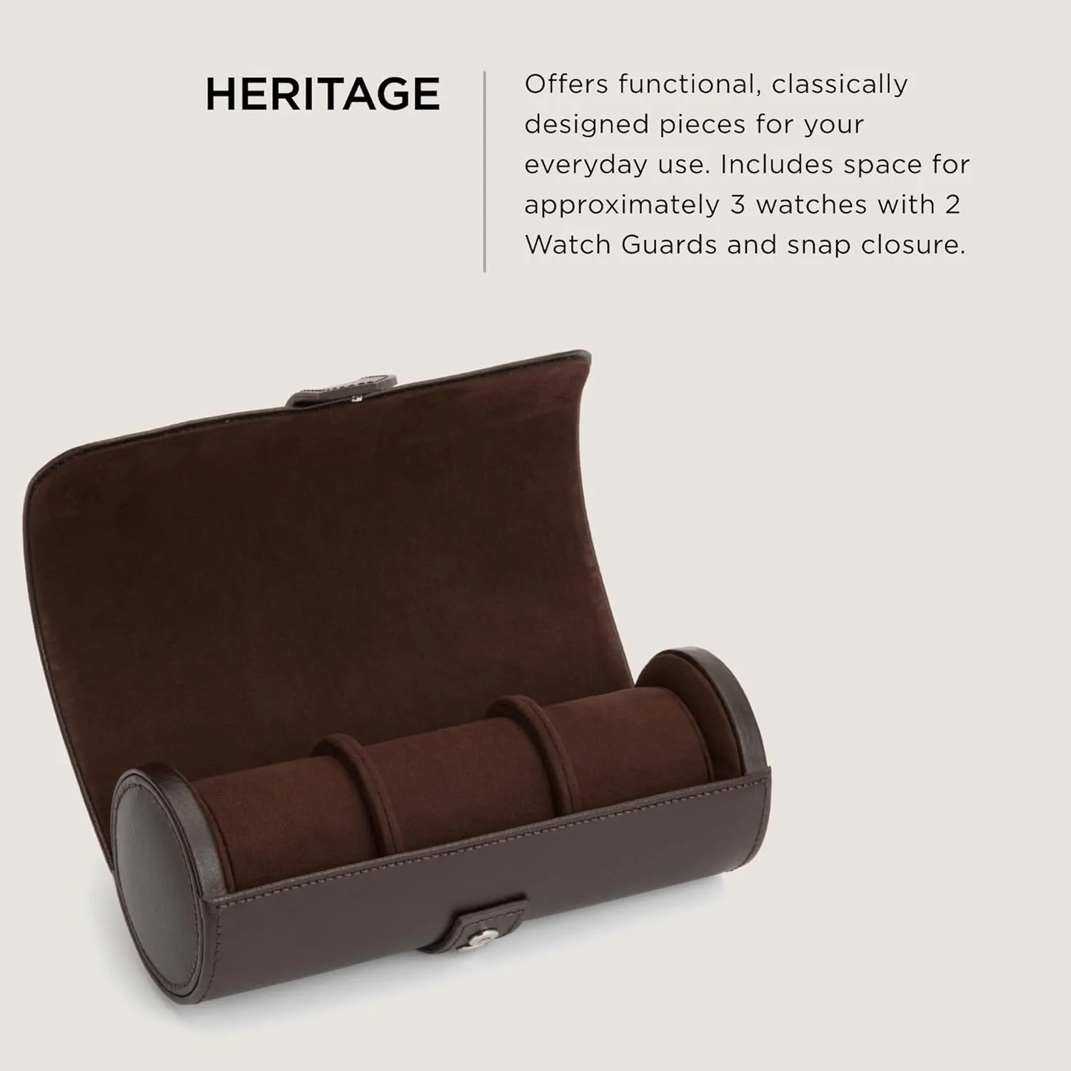 WOLF Heritage Watch Roll, Blake Brown - Holds Up to Three Watches - Vegan Leather, Ultra-Suede Lining, Snap Closure - Includes Two Watch Guards