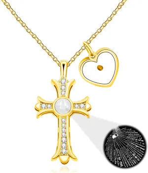Women's Projection Cross Pendant Necklace with 'I Love You' in 100 Languages | Stylish CZ Necklaces with Heart Charm and Mustard Seed | Religious Faith Jewelry for Christian