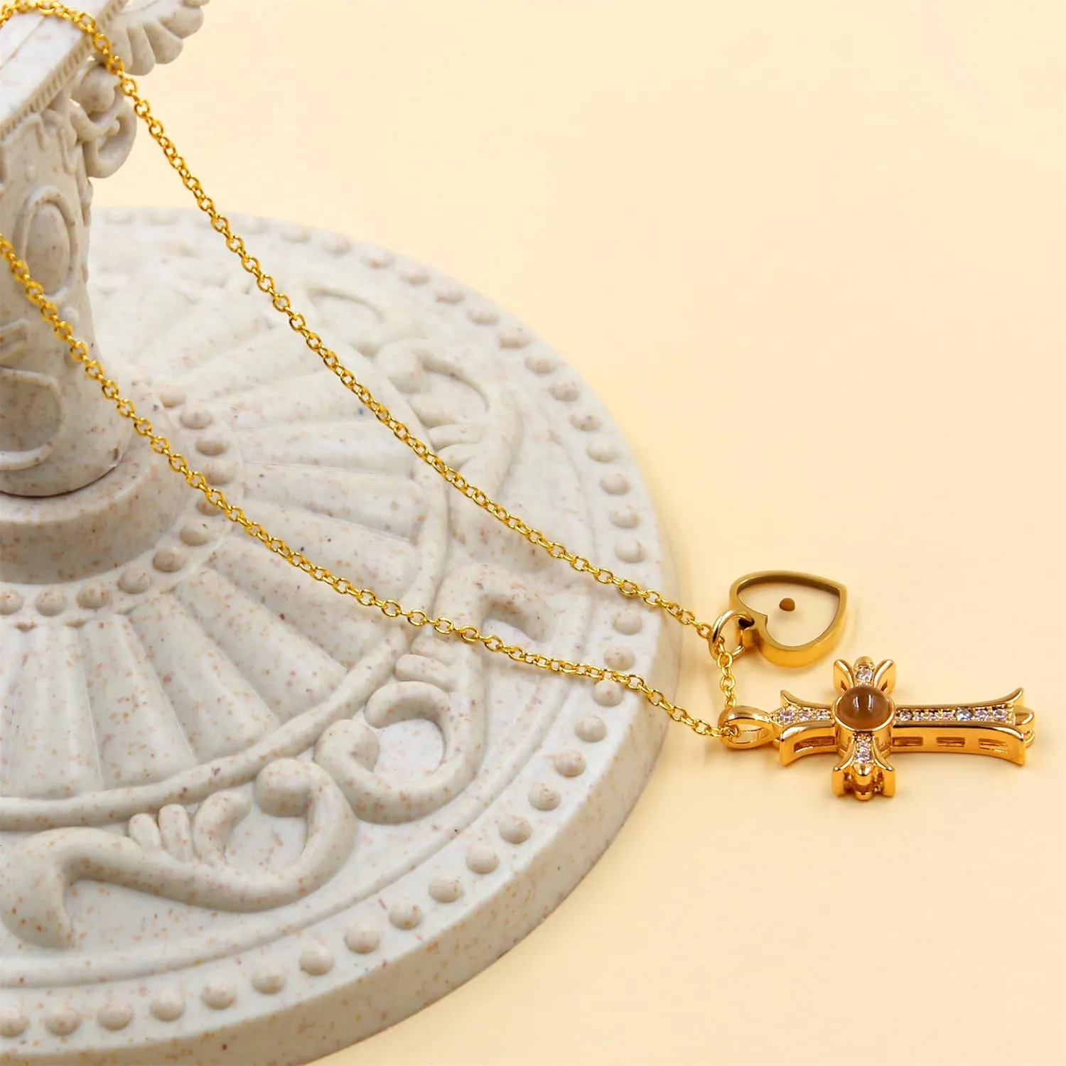 Women's Projection Cross Pendant Necklace with 'I Love You' in 100 Languages | Stylish CZ Necklaces with Heart Charm and Mustard Seed | Religious Faith Jewelry for Christian