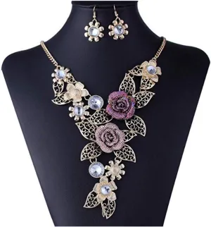 Women's Vintage Flower Rose Gold Necklace Statement Earrings Jewelry Set