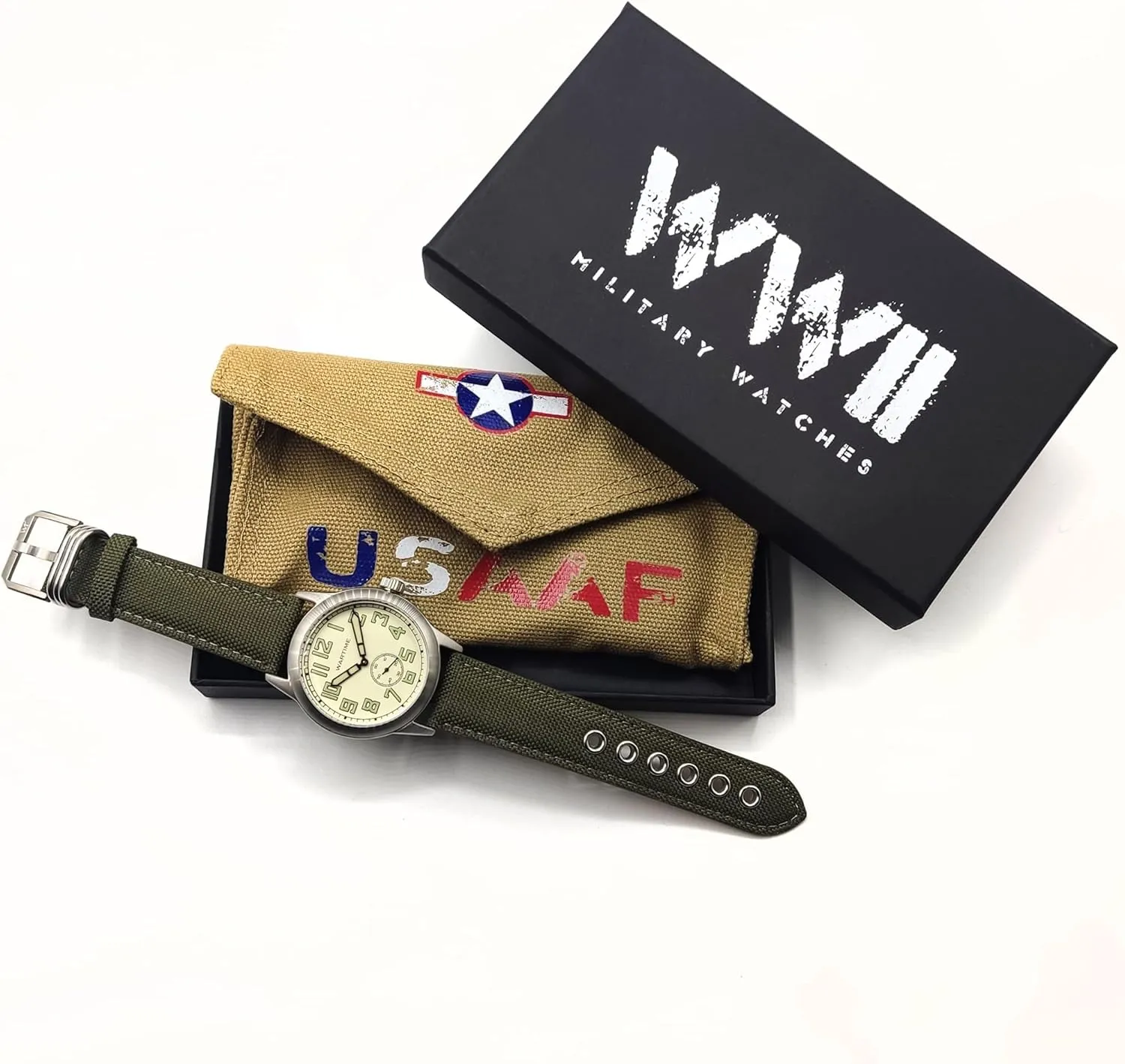 WW2 Military Watch  Vintage USAAF Watch, Swiss-Quartz Movement with Canvas strap and leather lining, 10 ATM Water Resistant. The Perfect WW2 Memorabilia. Mens Watches for Ever
