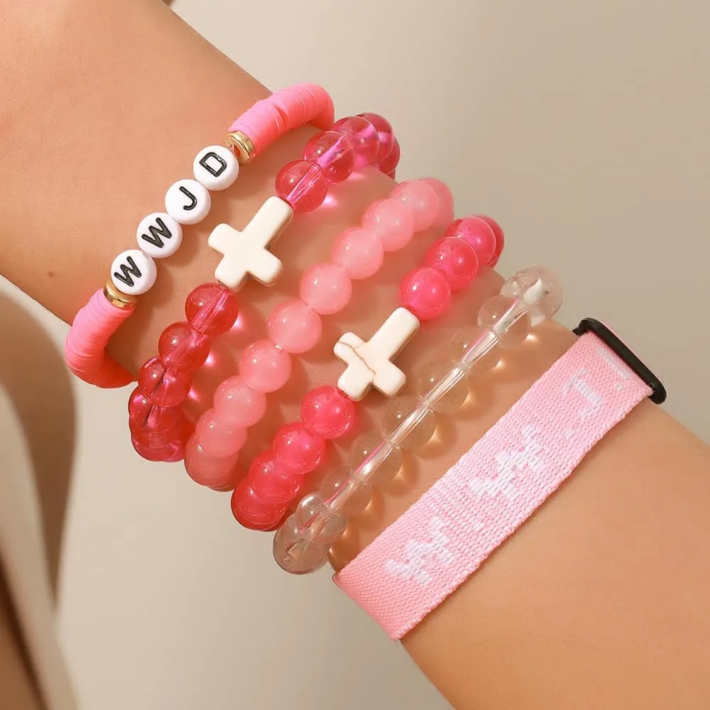 WWJD Cross Beaded Bracelets Set What Would Jesus Do Bracelets Handmade Beads Good Blessing Protection Religious Christian Jewelry for Easter Christmas Mother's Day