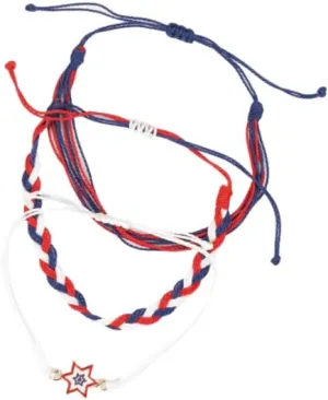 XAM 3pcs Patriotic Star Friendship Bracelets - Adjustable Red, White & Blue Braided Cord Bracelets for Independence Day