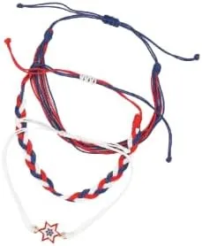 XAM 3pcs Patriotic Star Friendship Bracelets - Adjustable Red, White & Blue Braided Cord Bracelets for Independence Day