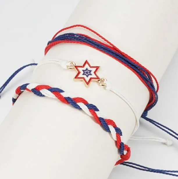XAM 3pcs Patriotic Star Friendship Bracelets - Adjustable Red, White & Blue Braided Cord Bracelets for Independence Day