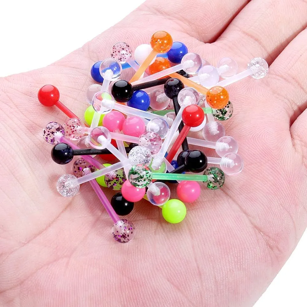 Yaalozei 14G Glow in Dark Plastic Nipple Tongue Rings 16mm Flexible Nipple Tongue Rings Retainer Straight Barbell Piercing Jewelry 5/8Inch 36pcs-48pcs
