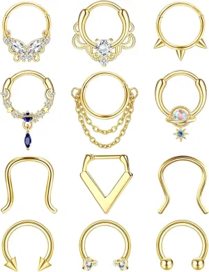 YADOCA 12Pcs 16G Surgical Steel Dangle Septum Piercing Jewelry for Women: Septum Clicker Nose Rings Hoop CZ Horseshoe Cartilage Helix Tragus Daith Piercing Jewelry 10MM