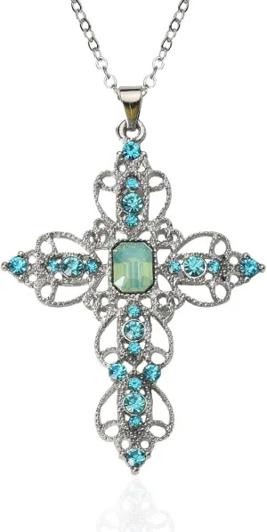 YALLNASL Bohemian Cross Pendant Necklace for Women Rhinestone Choker Necklace Celtic Crystal Cross Necklace Christian Religious Faith Gifts for Women Blue Necklace Cross