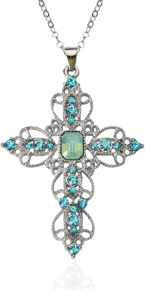 YALLNASL Bohemian Cross Pendant Necklace for Women Rhinestone Choker Necklace Celtic Crystal Cross Necklace Christian Religious Faith Gifts for Women Blue Necklace Cross