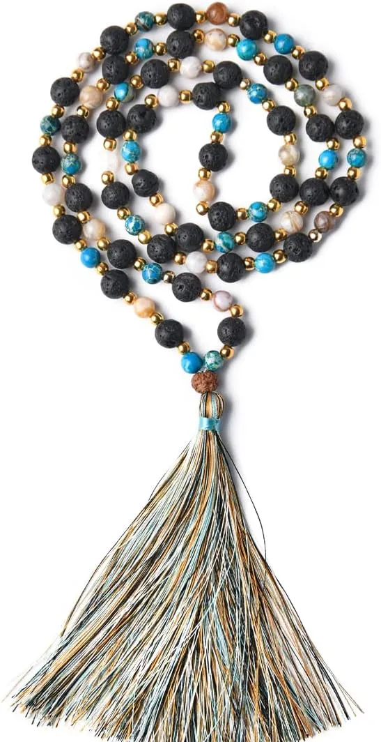 YGLINE Chakra 108 Mala Beads Bracelet Real Healing Gemstone Yoga Meditation Hand Knotted Mala Prayer Bead Necklace