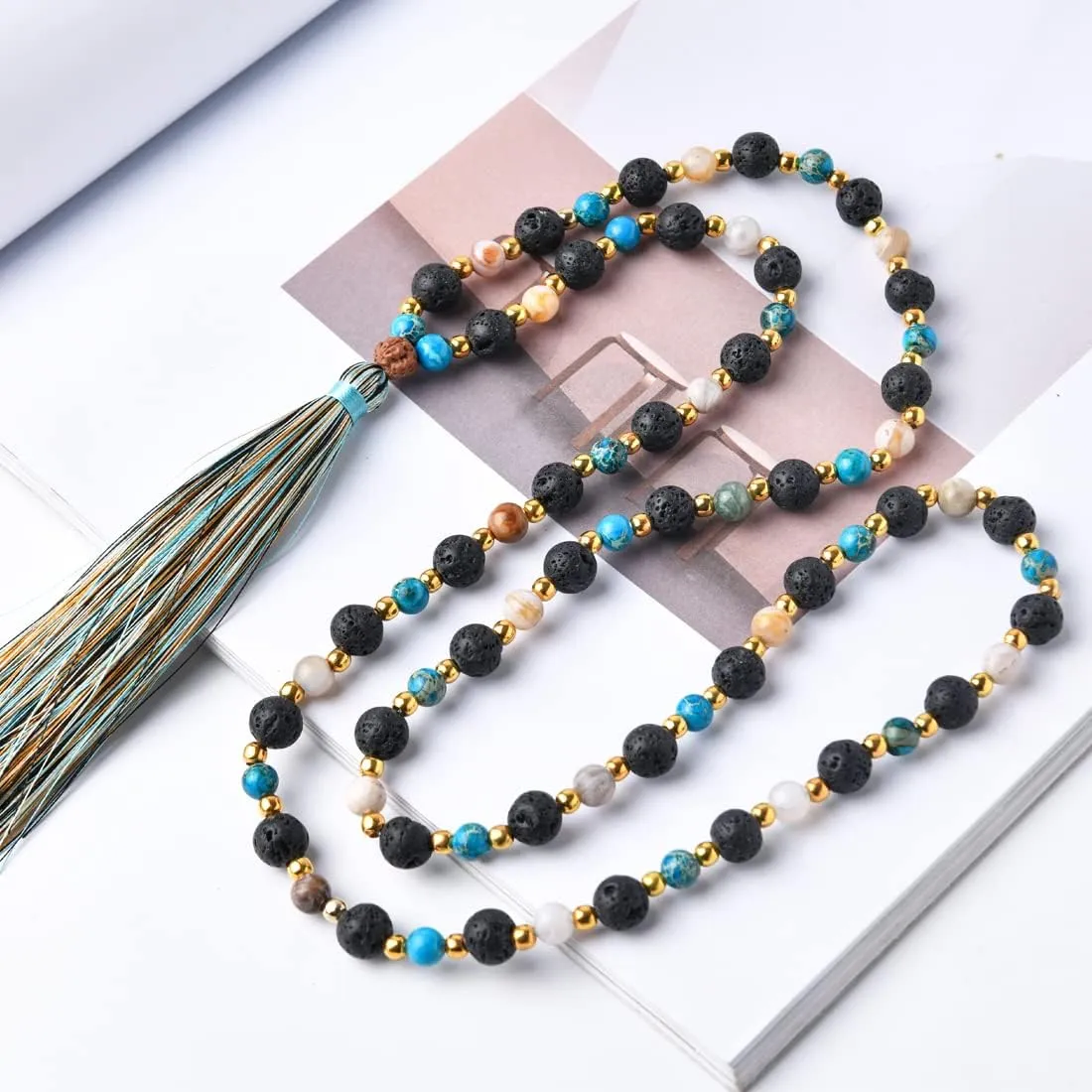 YGLINE Chakra 108 Mala Beads Bracelet Real Healing Gemstone Yoga Meditation Hand Knotted Mala Prayer Bead Necklace
